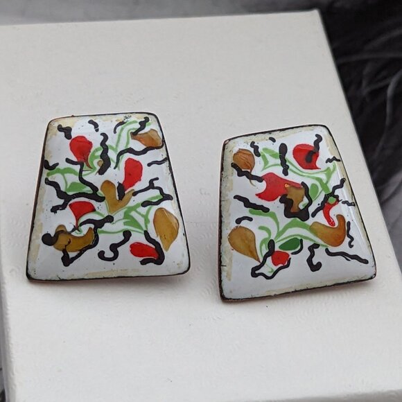 Art Nouveau Copper Enameled Earrings Screw Backs Matisse Design - Picture 5 of 5